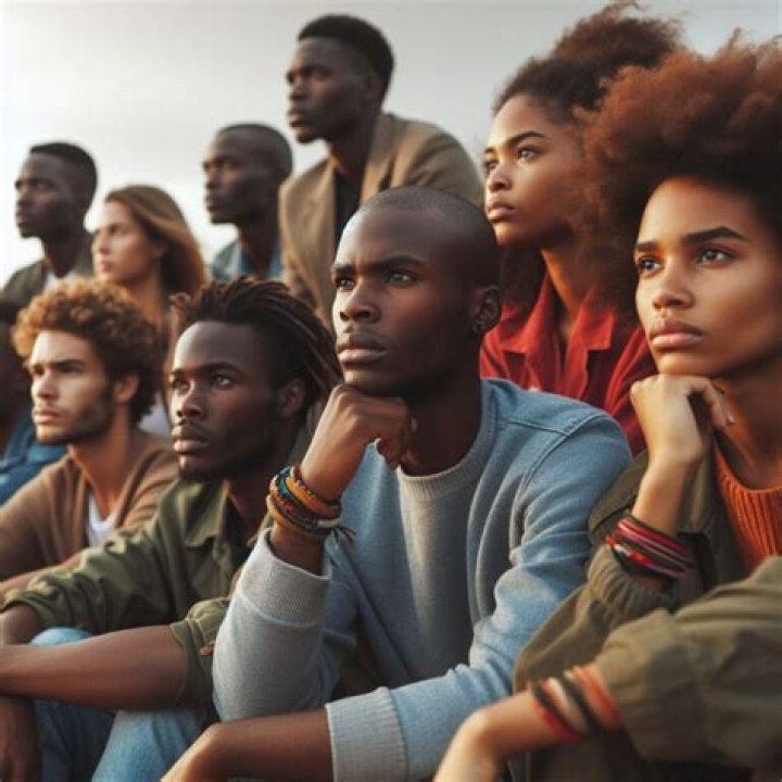 an image of some people sitting on a couch in front of a wall with posters