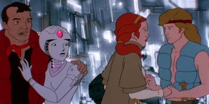 Dagg, Silicia, Aviana and Orin hold each other in the film Starchaser: The Legend of Orin.