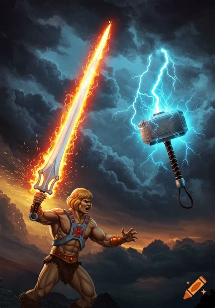 He-Man raises his glowing sword as Skeletor watches in the 1987 film Masters of the Universe.