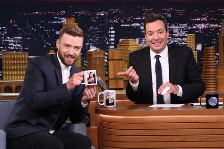 Jimmy Fallon and Justin Timberlake and Barry and Randy Gibb in a sketch on Saturday Night Live.