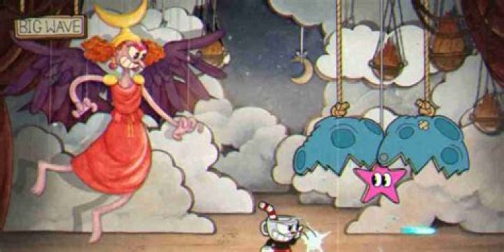Sally Stageplay in her red dress is fighting Cuphead.