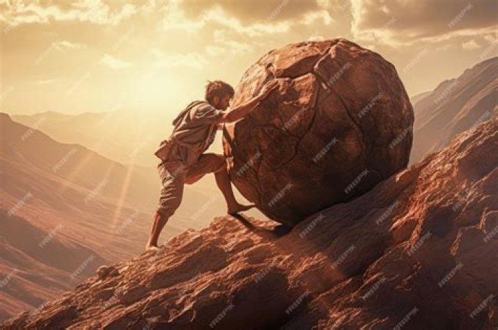 Sisyphus pushing a boulder in Sisyphus.