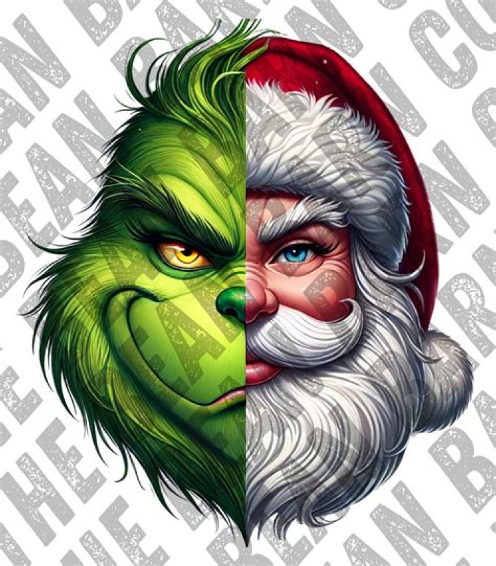 Split image of Grinch in a Christmas sweater and looking annoyed in How the Grinch Stole Christmas