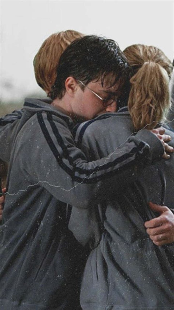 The golden trio hugging in Harry Potter