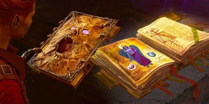 Wyll standing with the ancient tome in his hand and the ancient tome open on a desk. 